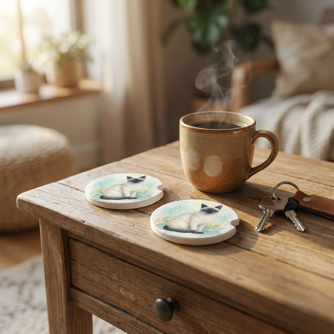 Siamese cat car coasters with a blue point coat styled on a wooden side table beside a steaming coffee mug and a set of keys.