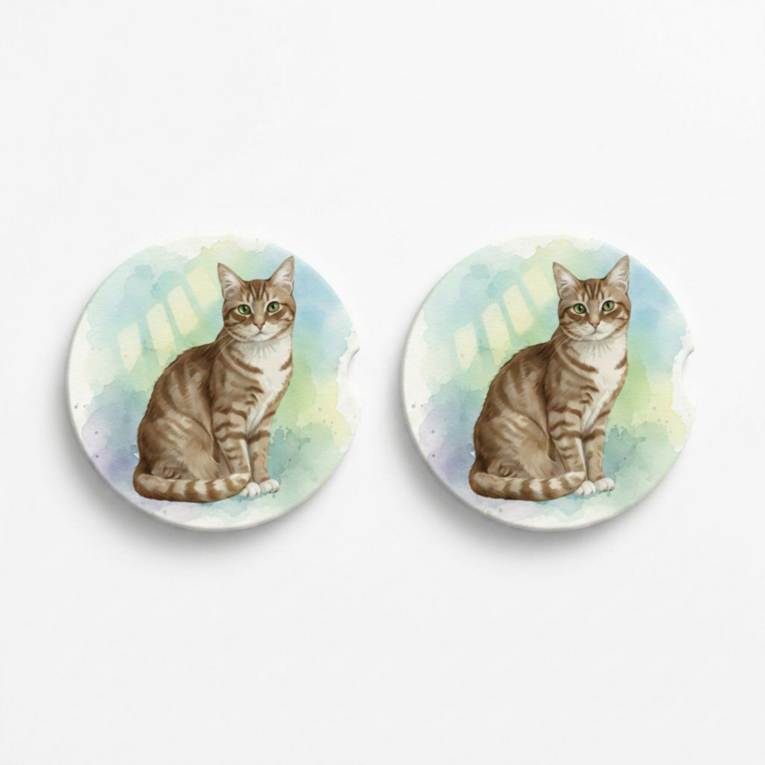 Set of two round ceramic car coasters featuring a watercolor-style illustration of an American Shorthair cat with a brown tabby coat.