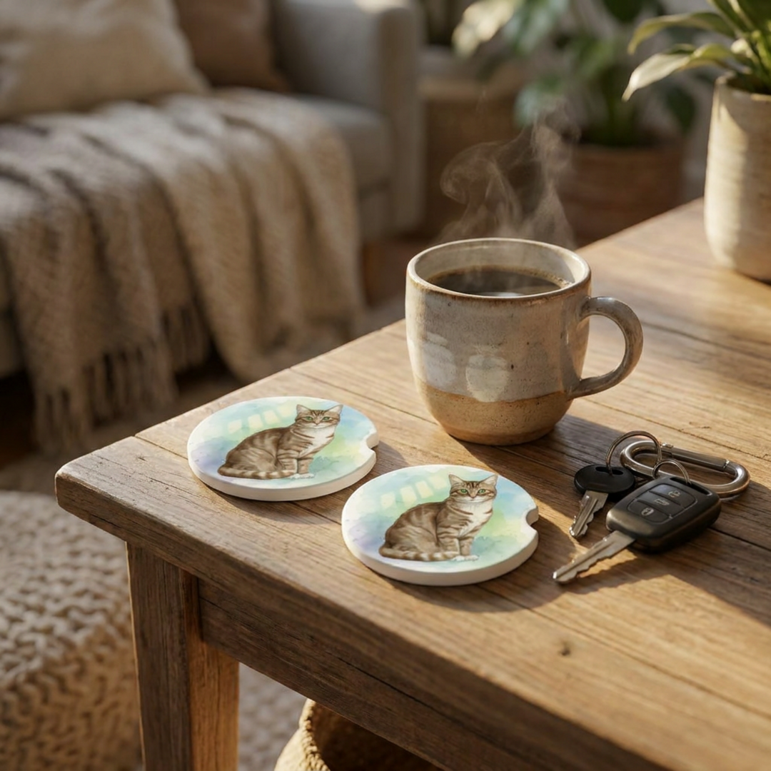 American Shorthair cat car coasters with a brown tabby coat styled on a wooden side table beside a steaming coffee mug and a set of keys.