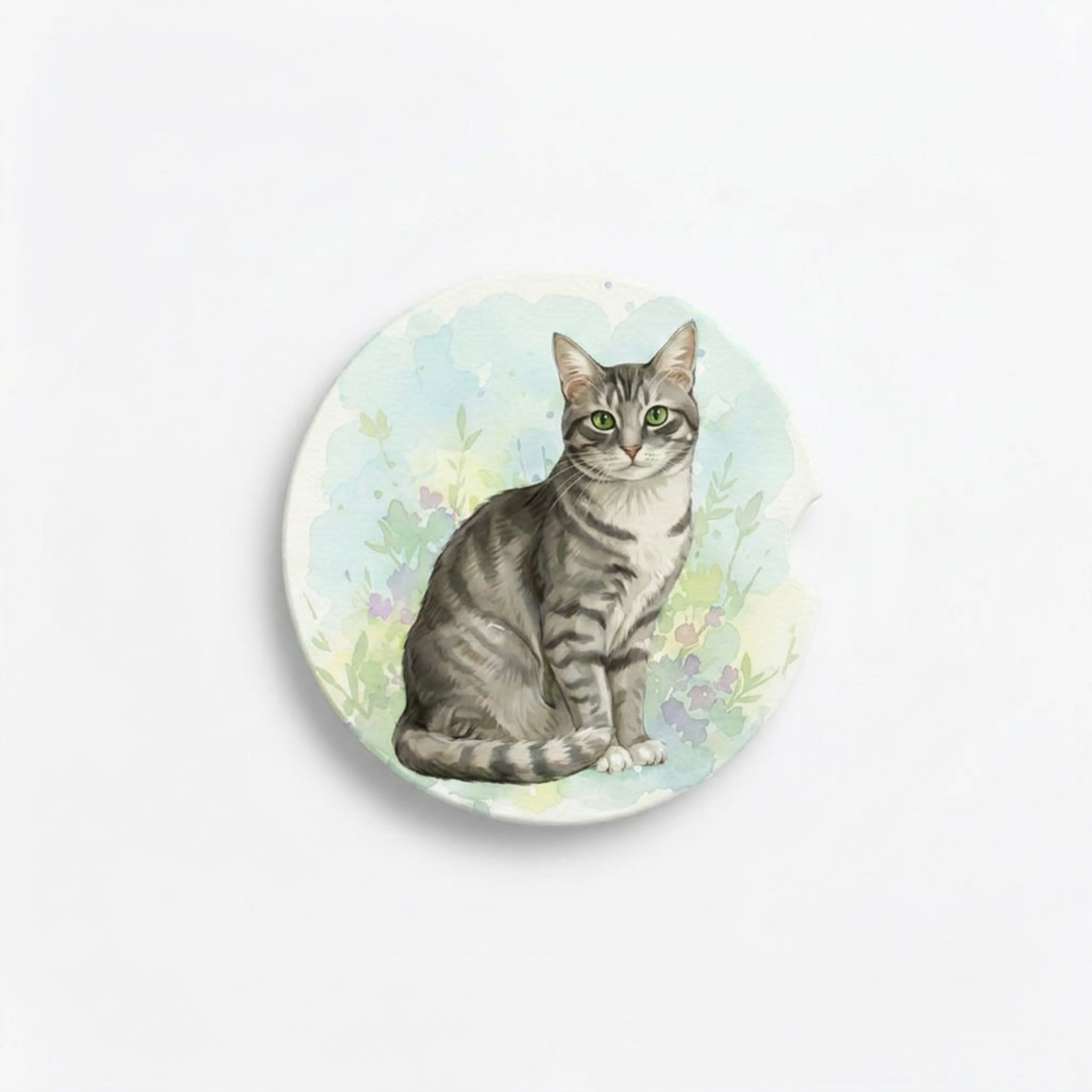 Single round ceramic car coaster featuring a watercolor-style illustration of an American Shorthair cat with a gray tabby coat, sold individually.
