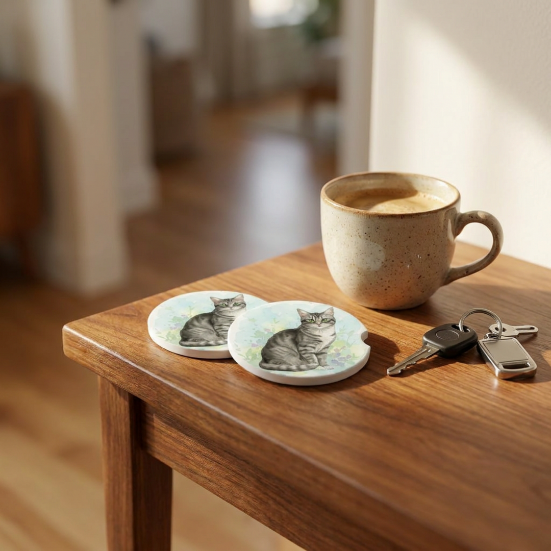 American Shorthair cat car coasters with a gray tabby coat styled on a wooden side table beside a steaming coffee mug and a set of keys.