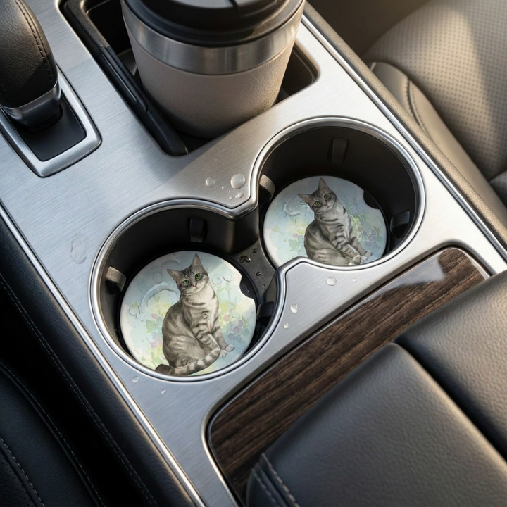 American Shorthair cat car coaster with a gray tabby coat placed in a vehicle&