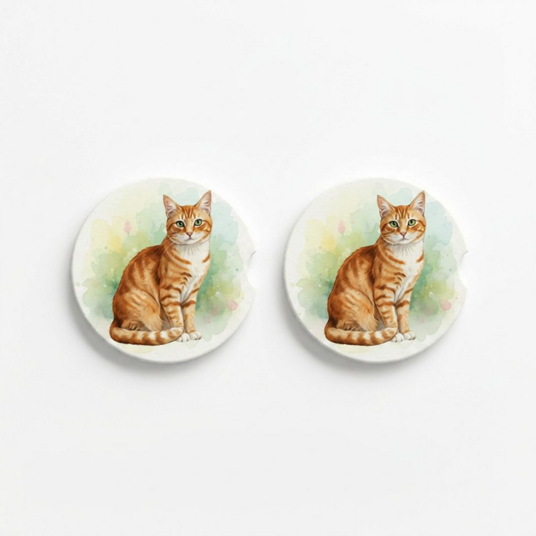 Set of two round ceramic car coasters featuring a watercolor-style illustration of an American Shorthair cat with an orange tabby coat.