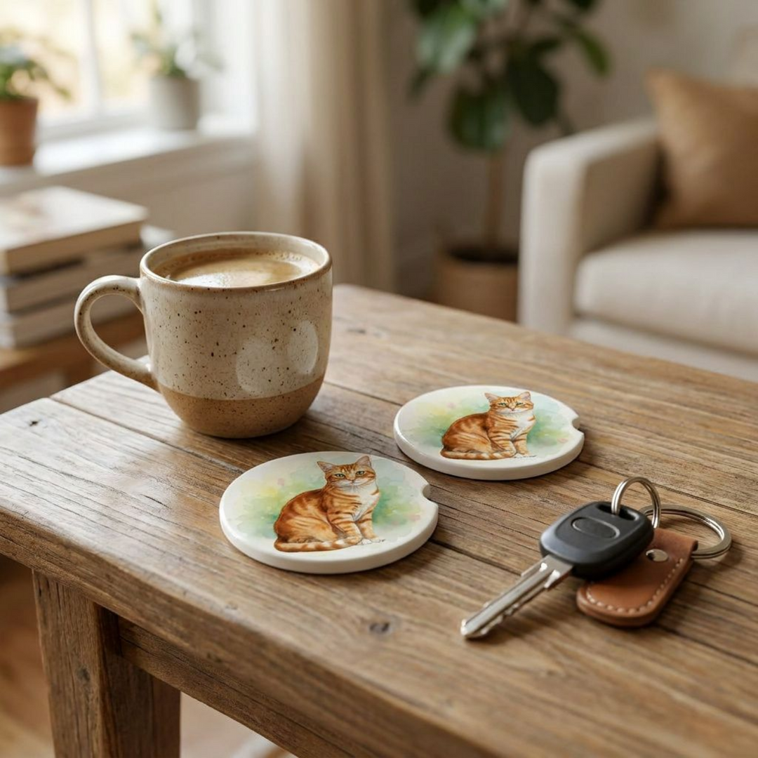 American Shorthair cat car coasters with an orange tabby coat styled on a wooden side table beside a steaming coffee mug and a set of keys.