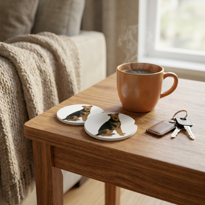 Airedale Terrier car coasters with a black and tan coat styled on a wooden side table beside a steaming coffee mug and a set of keys.