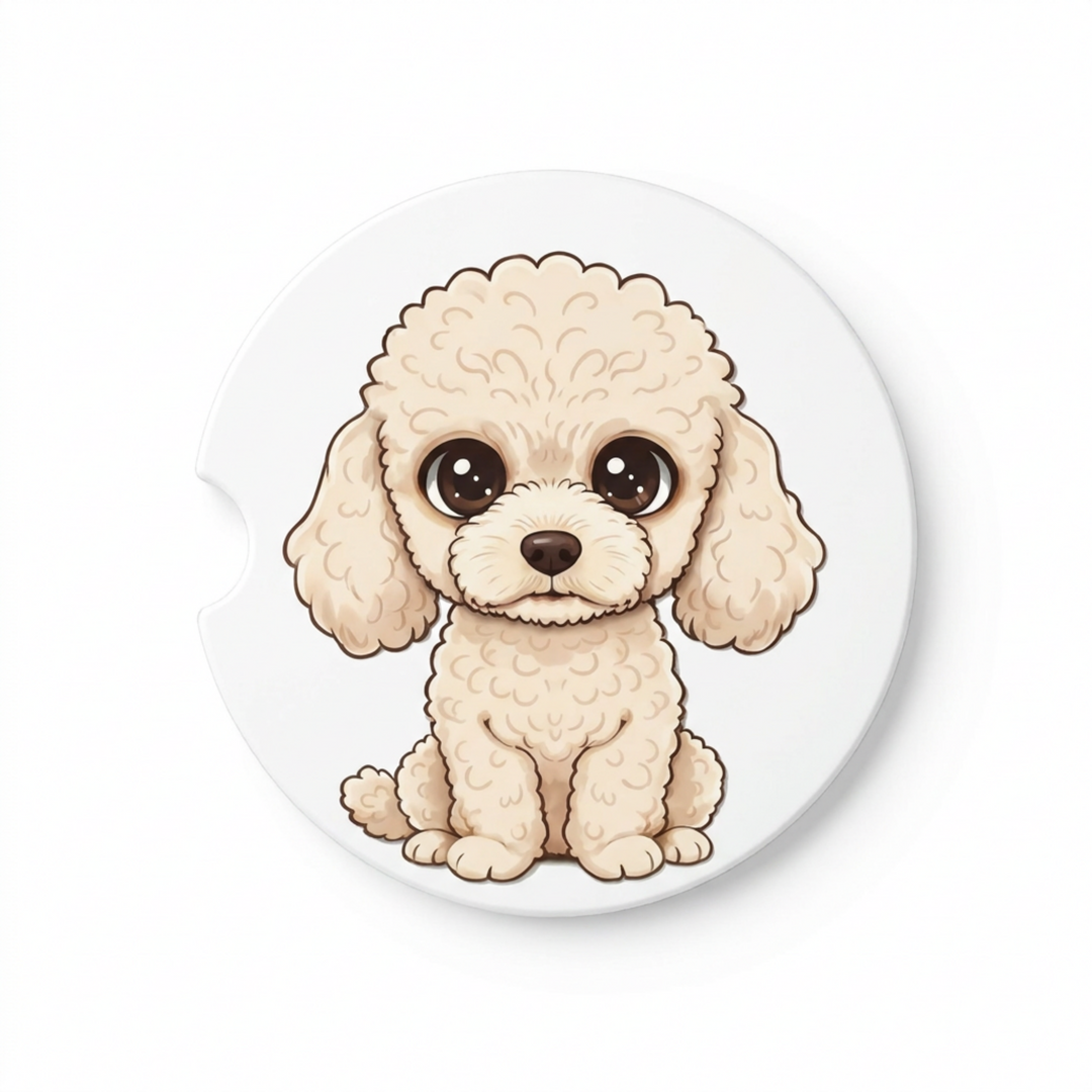 Single round ceramic car coaster featuring a kawaii-style illustration of a Poodle with a cream coat, sold individually.