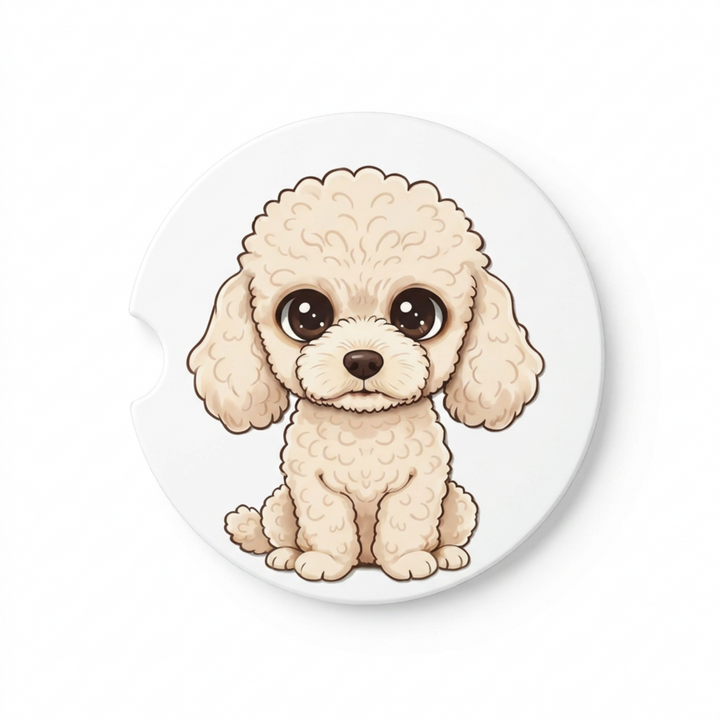 Single round ceramic car coaster featuring a kawaii-style illustration of a Poodle with a cream coat, sold individually.