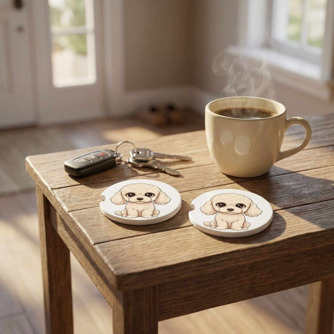 Poodle car coasters with a cream coat styled on a wooden side table beside a steaming coffee mug and a set of keys.
