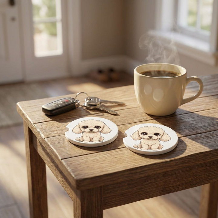 Poodle car coasters with a cream coat styled on a wooden side table beside a steaming coffee mug and a set of keys.