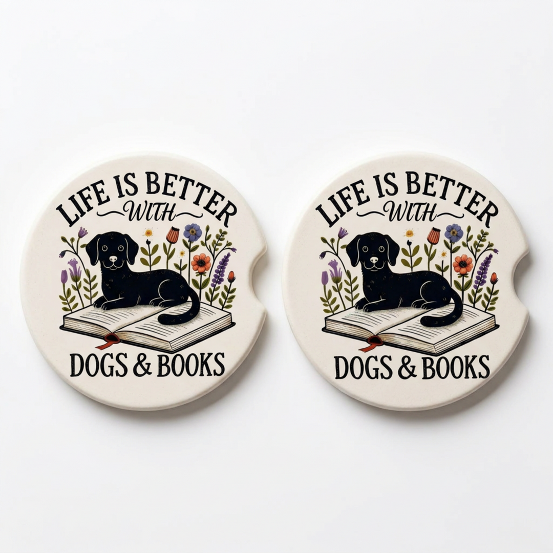 Life is Better with Dogs and Books Ceramic Car Coaster Set - design detail - Designs by Mysh