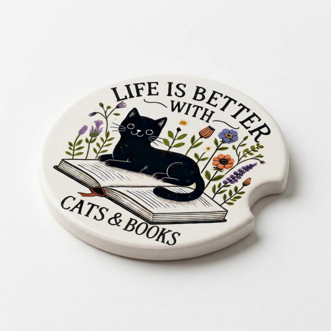 Life is Better with Cats and Books Ceramic Car Coaster Set - single coaster detail - Designs by Mysh