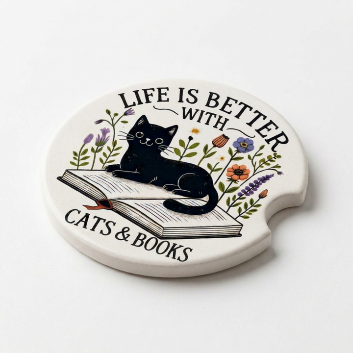 Life is Better with Cats and Books Ceramic Car Coaster Set - single coaster detail - Designs by Mysh