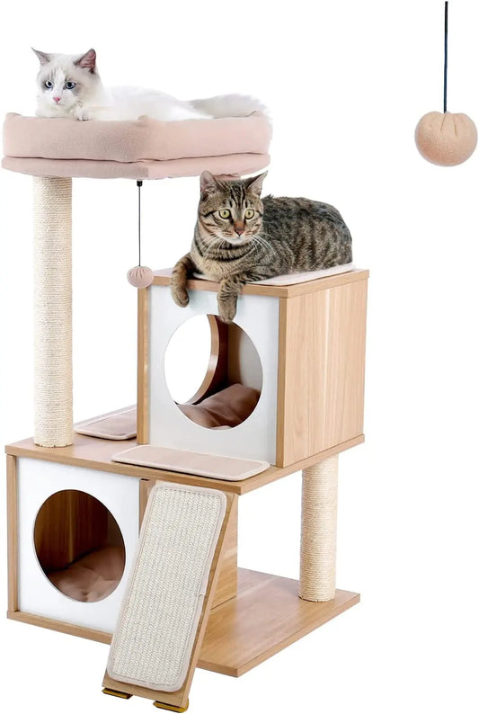 Cat Tree 35 Inches Wooden Cat Tower with Double Condos, Spacious Perch, Fully Wrapped Scratching Sisal Posts and Replaceable Dangling Balls-Walnut - Designs by Mysh