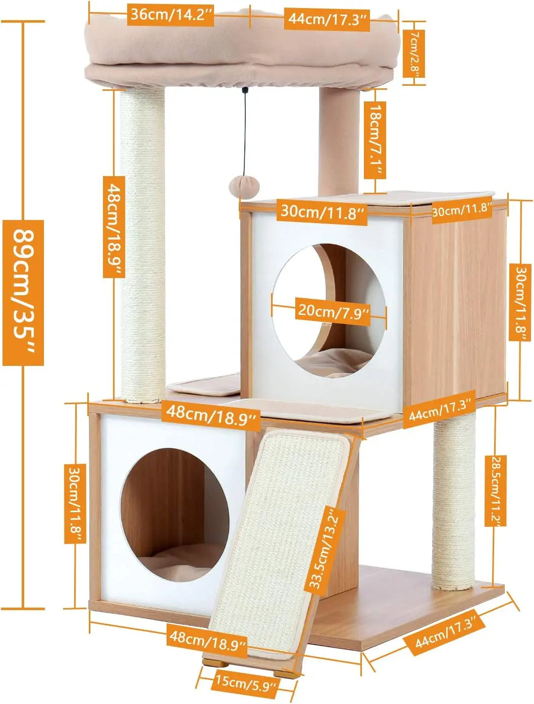 Cat Tree 35 Inches Wooden Cat Tower with Double Condos, Spacious Perch, Fully Wrapped Scratching Sisal Posts and Replaceable Dangling Balls-Walnut - Designs by Mysh