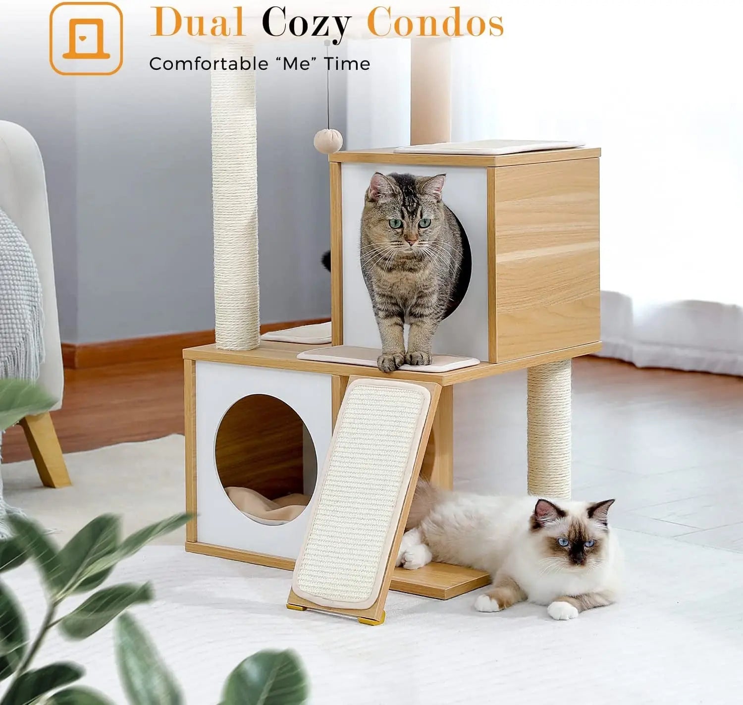 Cat Tree 35 Inches Wooden Cat Tower with Double Condos, Spacious Perch, Fully Wrapped Scratching Sisal Posts and Replaceable Dangling Balls-Walnut - Designs by Mysh