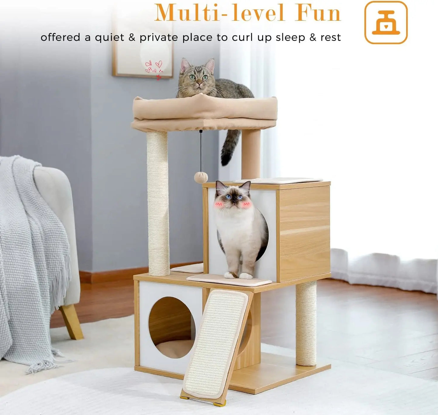 Cat Tree 35 Inches Wooden Cat Tower with Double Condos, Spacious Perch, Fully Wrapped Scratching Sisal Posts and Replaceable Dangling Balls-Walnut - Designs by Mysh