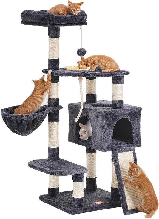 Cat Tree, Cat Tower for Indoor Cats with Scratching Board, Multi-Level Cat Furniture Condo with Feeding Bowl Smoky Gray HCT010G - Designs by Mysh