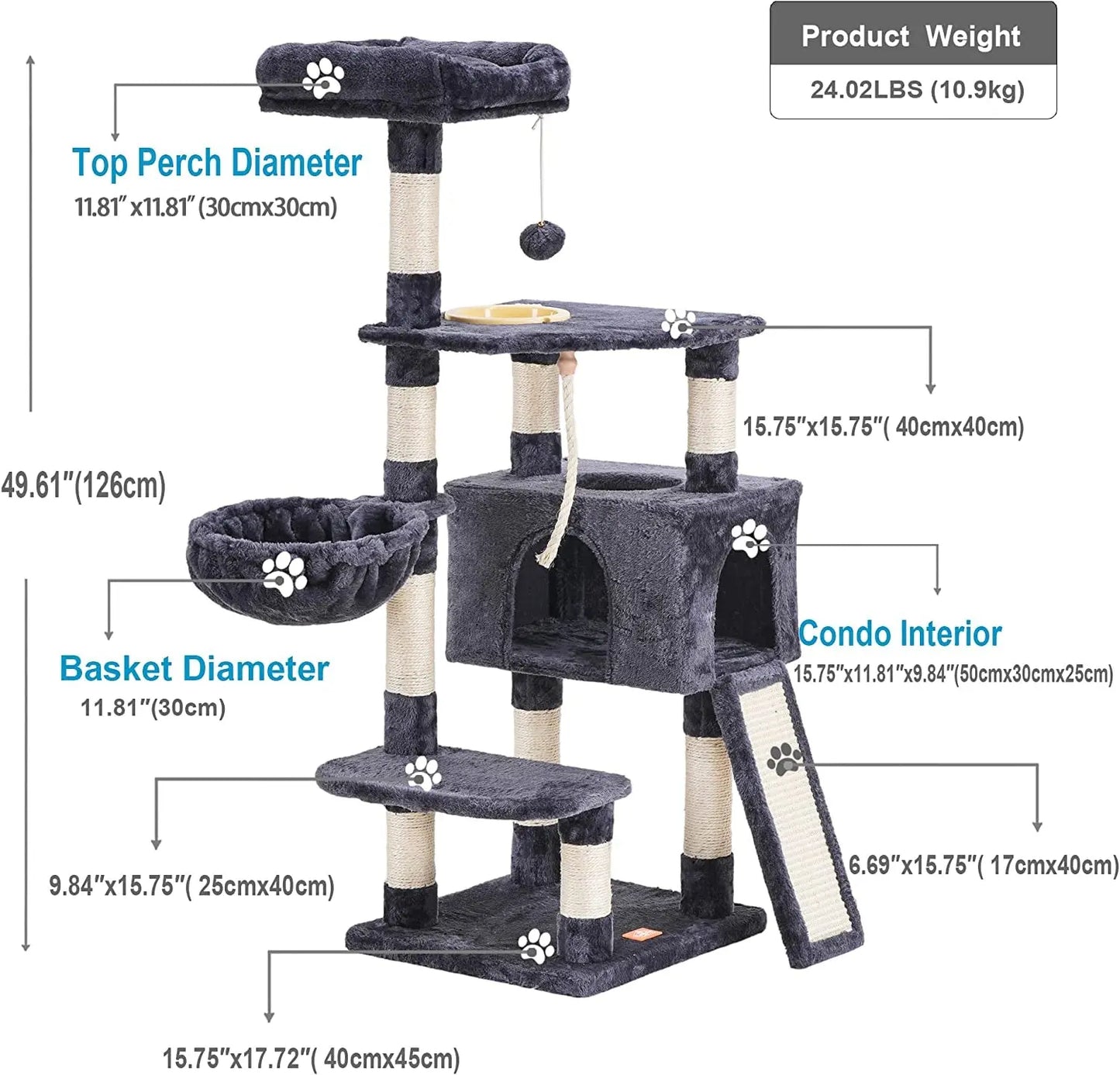 Cat Tree, Cat Tower for Indoor Cats with Scratching Board, Multi-Level Cat Furniture Condo with Feeding Bowl Smoky Gray HCT010G - Designs by Mysh