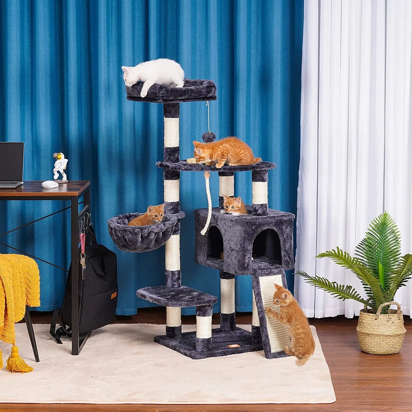 Cat Tree, Cat Tower for Indoor Cats with Scratching Board, Multi-Level Cat Furniture Condo with Feeding Bowl Smoky Gray HCT010G - Designs by Mysh