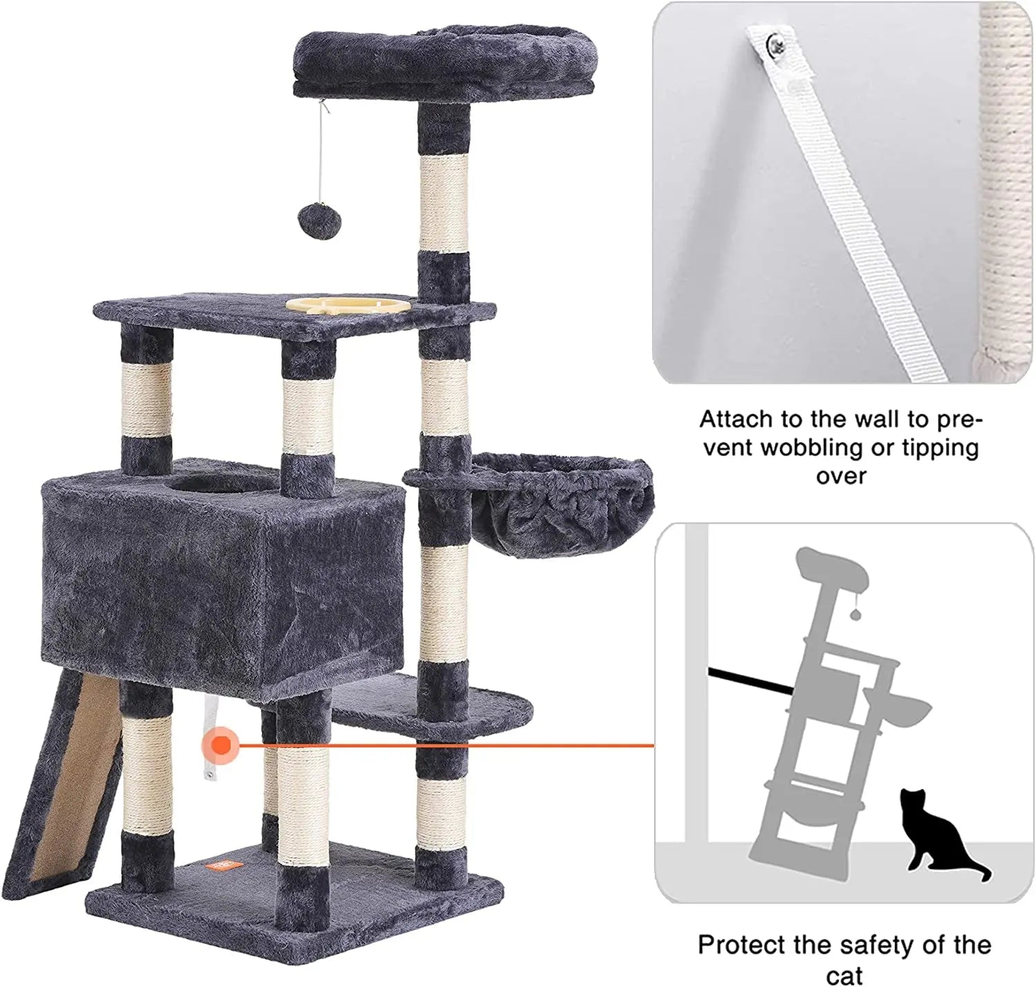 Cat Tree, Cat Tower for Indoor Cats with Scratching Board, Multi-Level Cat Furniture Condo with Feeding Bowl Smoky Gray HCT010G - Designs by Mysh