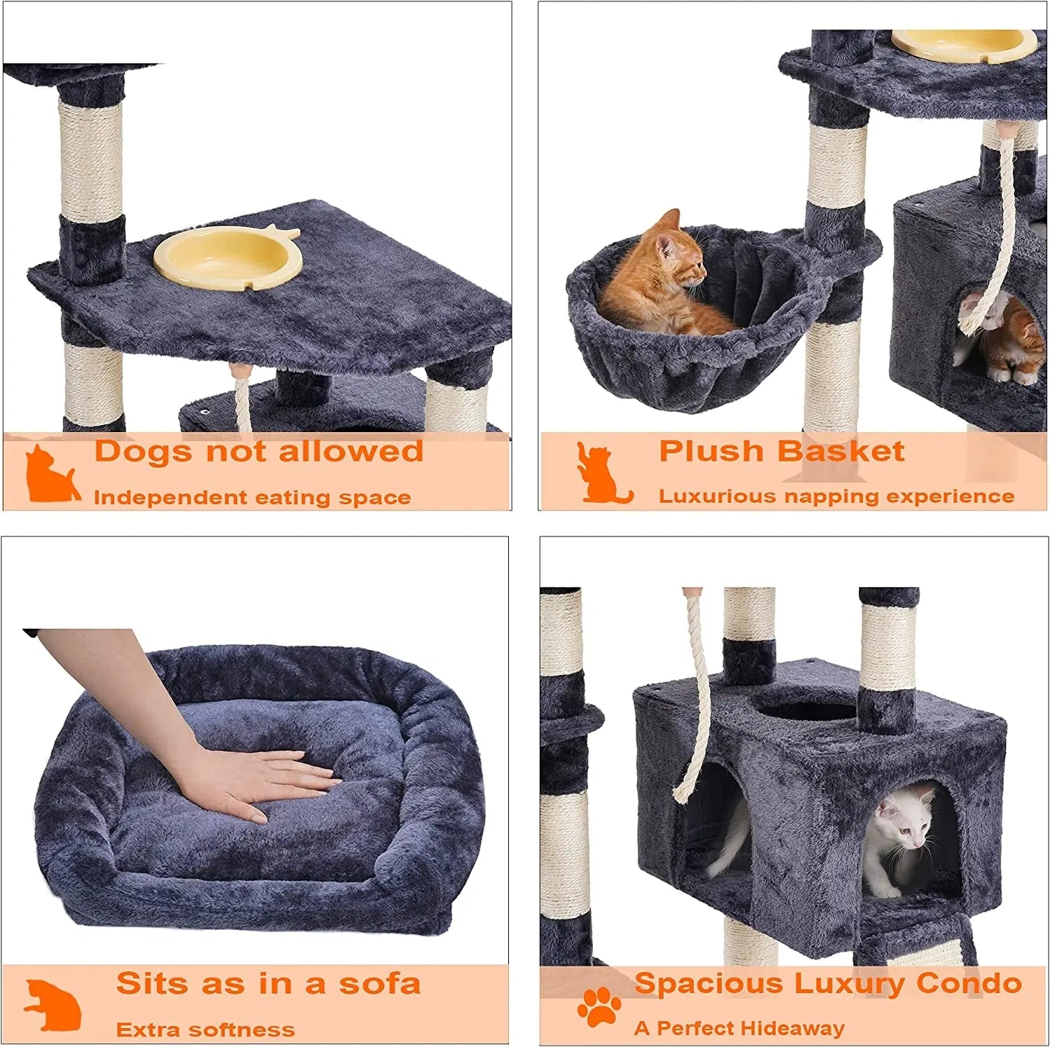 Cat Tree, Cat Tower for Indoor Cats with Scratching Board, Multi-Level Cat Furniture Condo with Feeding Bowl Smoky Gray HCT010G - Designs by Mysh