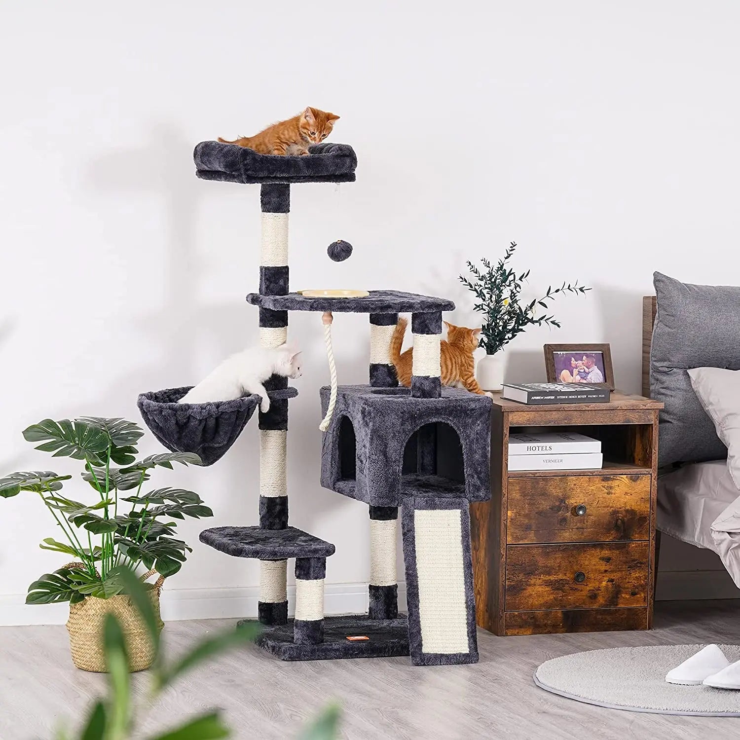 Cat Tree, Cat Tower for Indoor Cats with Scratching Board, Multi-Level Cat Furniture Condo with Feeding Bowl Smoky Gray HCT010G - Designs by Mysh