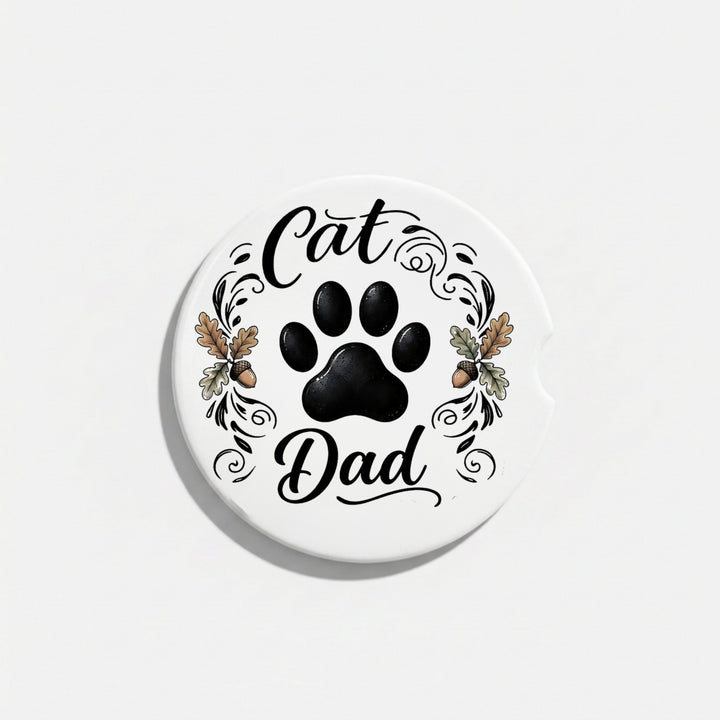 Single Cat Dad ceramic car coaster with finger notch