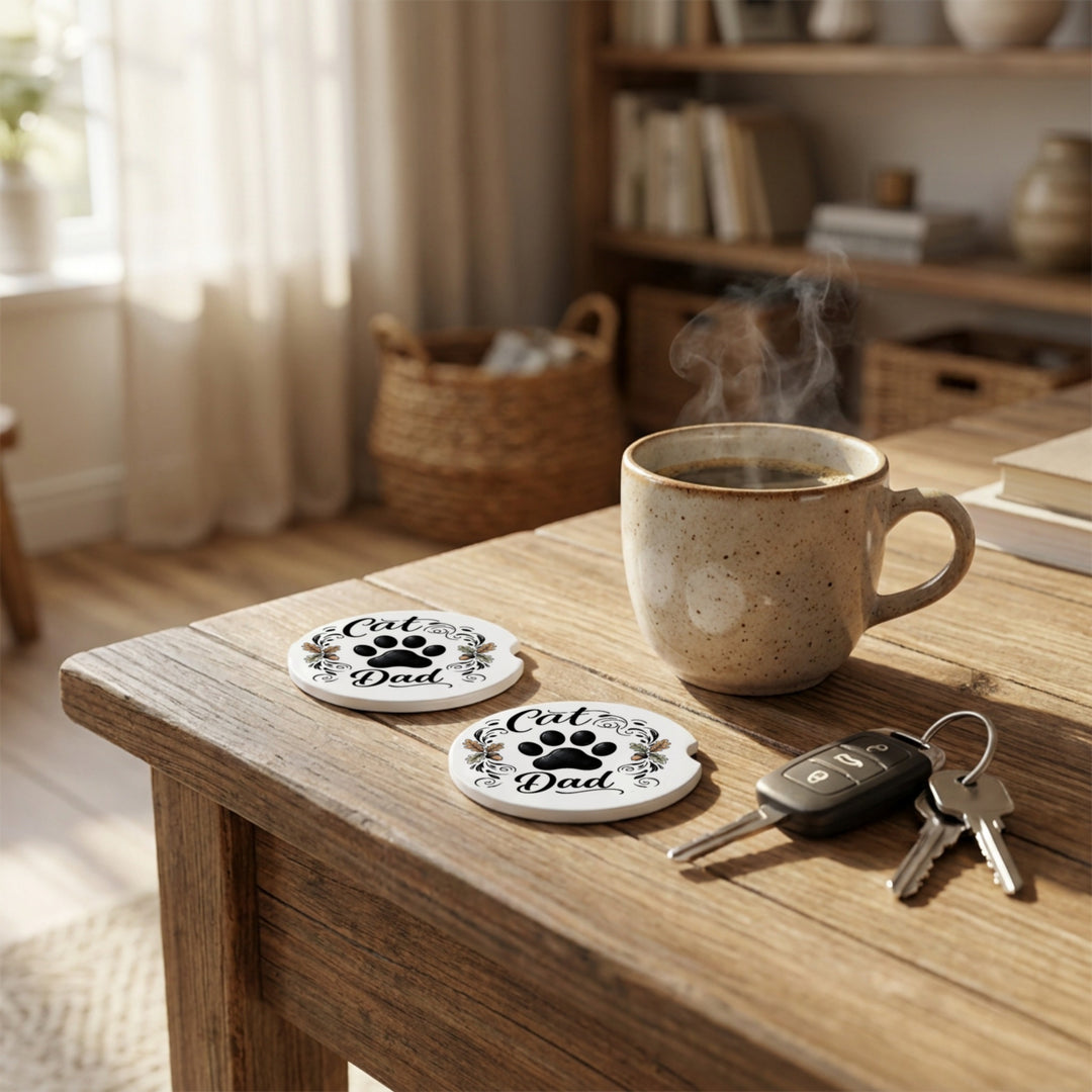 Two Cat Dad car coasters on a wooden table with a mug and car keys