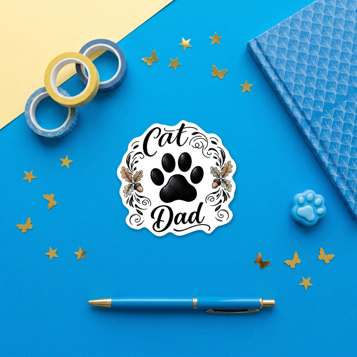 Cat Dad paw print sticker in a blue flat lay with washi tape, a notebook and a pen