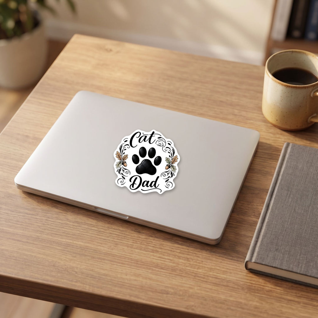 Cat Dad paw print sticker on a laptop lid beside a coffee mug