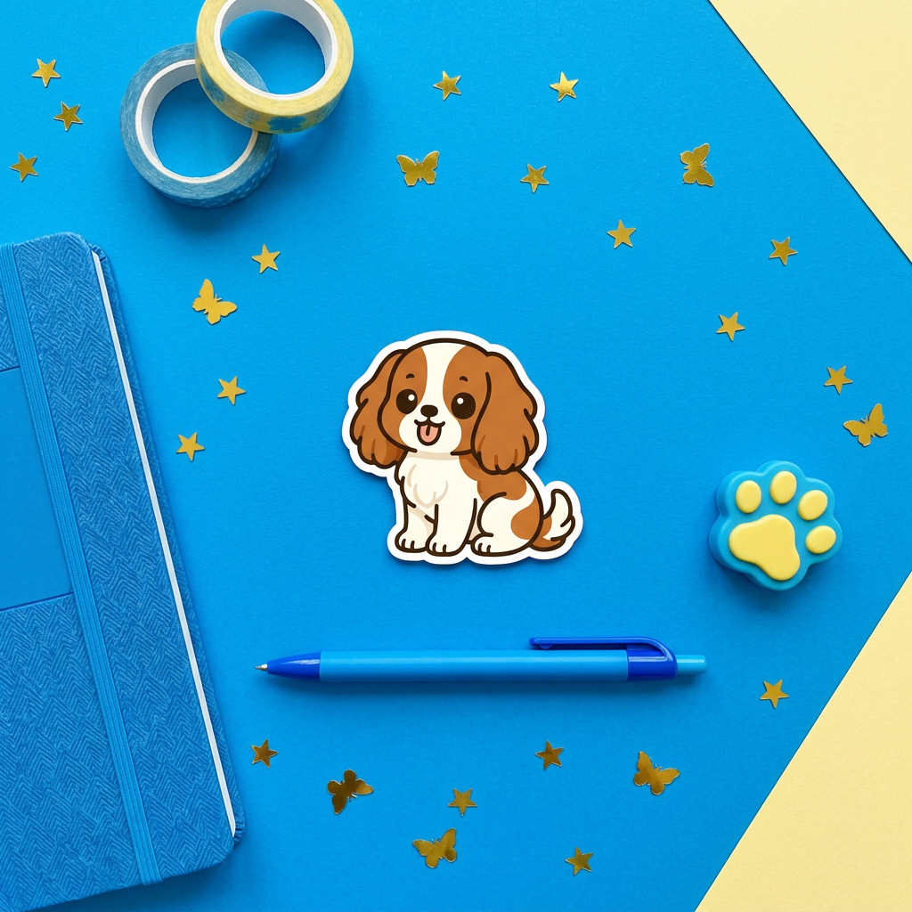 Cavalier King Charles Blenheim Kawaii Magnet in a blue flat lay