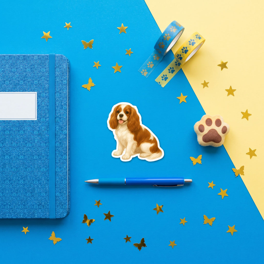 Cavalier King Charles Blenheim Watercolor Sticker brand flat lay - Designs by Mysh