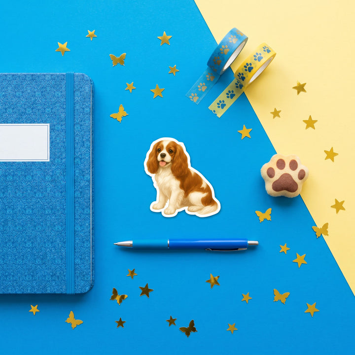 Cavalier King Charles Blenheim Watercolor Sticker brand flat lay - Designs by Mysh