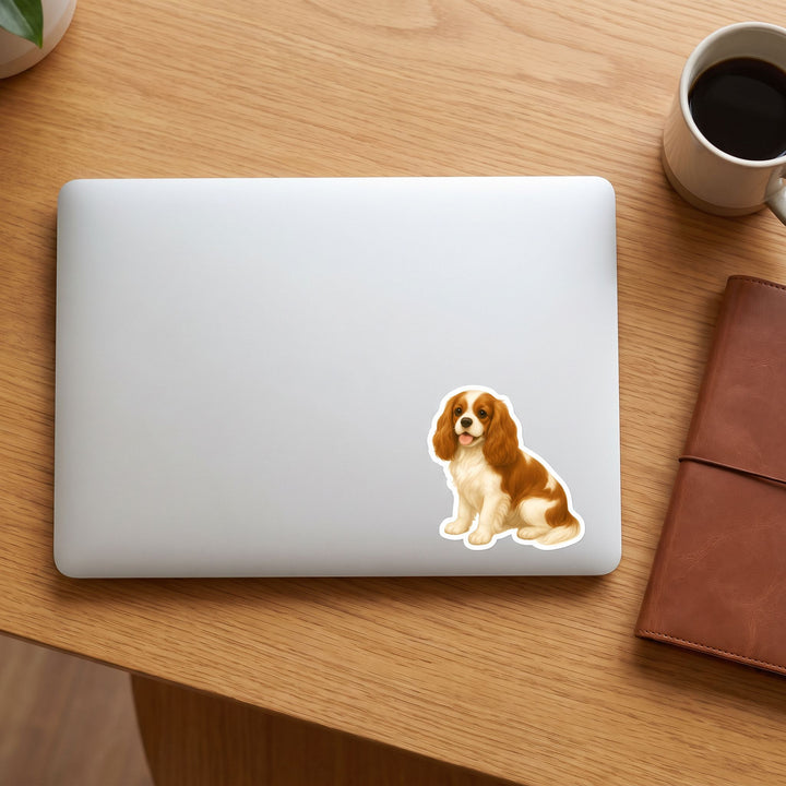 Cavalier King Charles Blenheim Watercolor Sticker on a laptop - Designs by Mysh