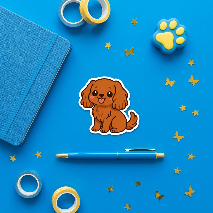Cavalier King Charles Ruby Kawaii Magnet brand flat lay - Designs by Mysh