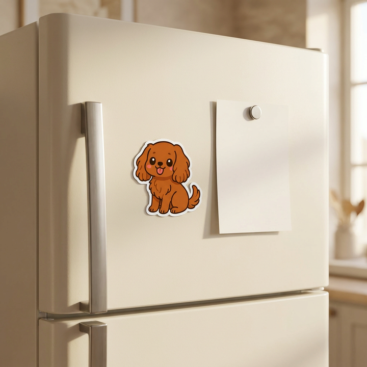 Cavalier King Charles Ruby Kawaii Magnet on a fridge - Designs by Mysh