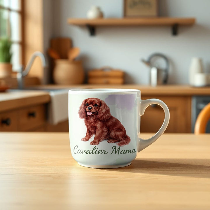 Cavalier Mama watercolor Ruby Cavalier mug on a kitchen table - Designs by Mysh