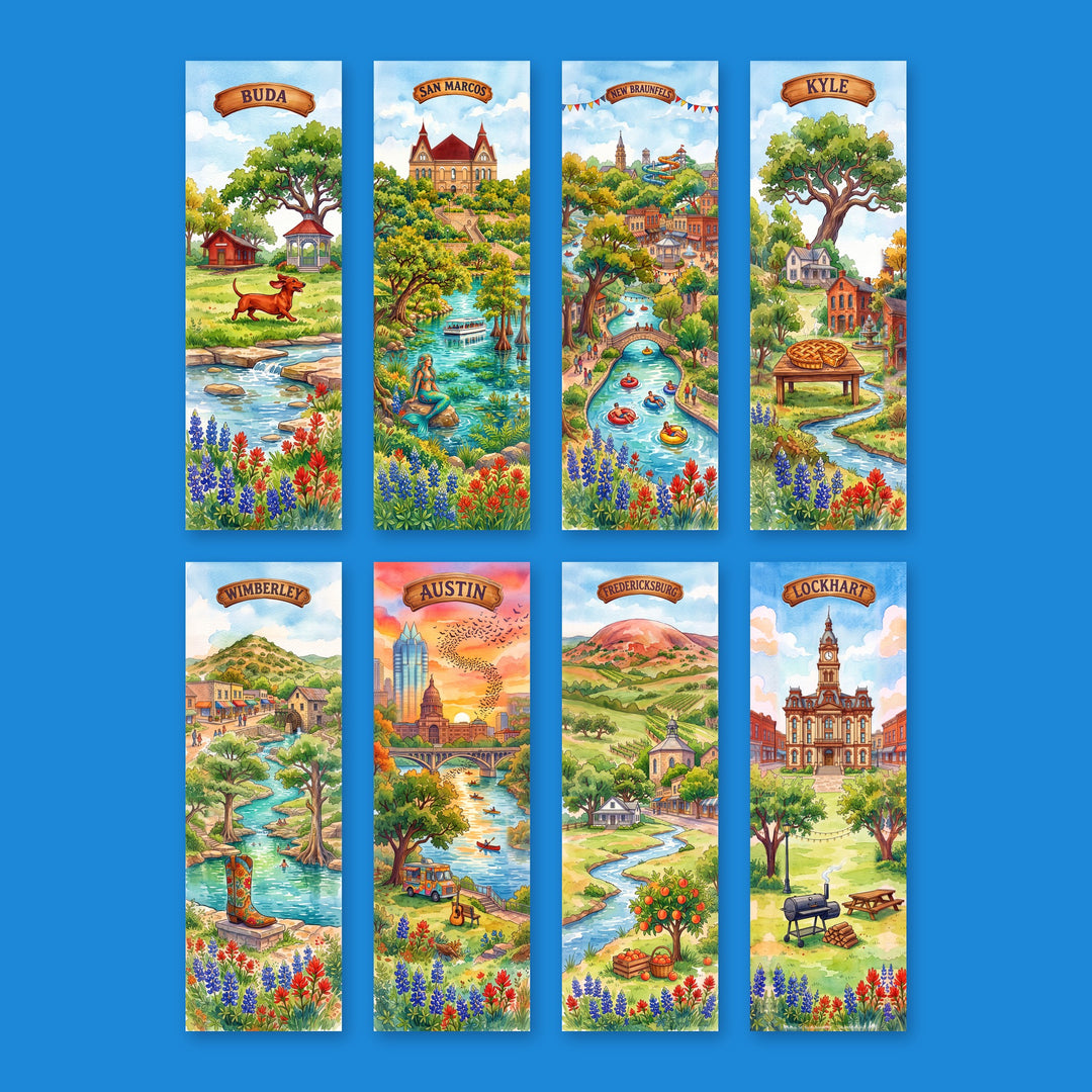 Central Texas Towns watercolor bookmark set of 8: Austin, Buda, Fredericksburg, Kyle, Lockhart, New Braunfels, San Marcos and Wimberley - Designs by Mysh