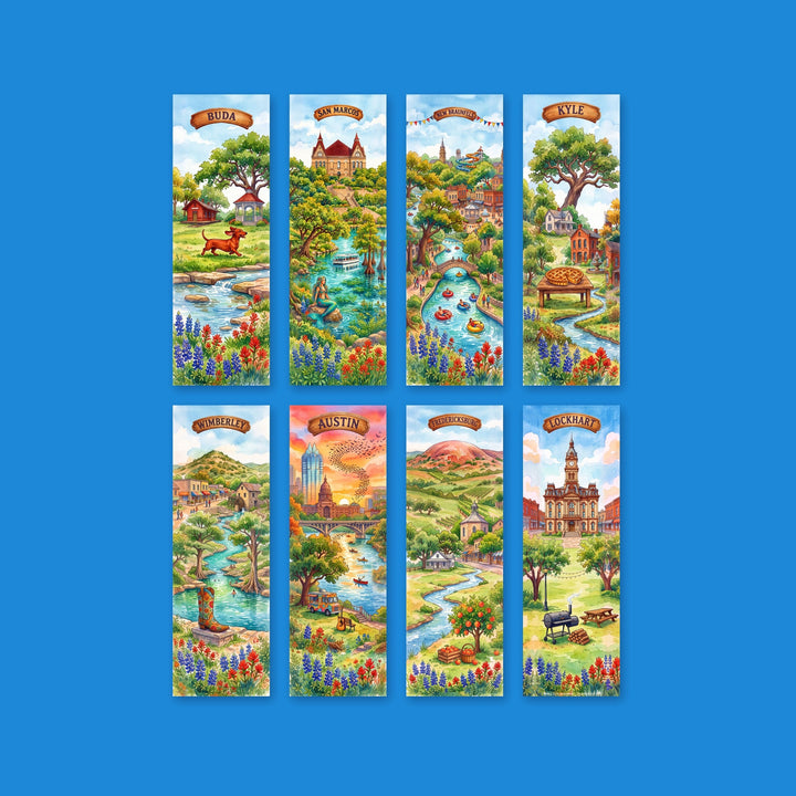 Central Texas Towns watercolor bookmark set of 8: Austin, Buda, Fredericksburg, Kyle, Lockhart, New Braunfels, San Marcos and Wimberley - Designs by Mysh