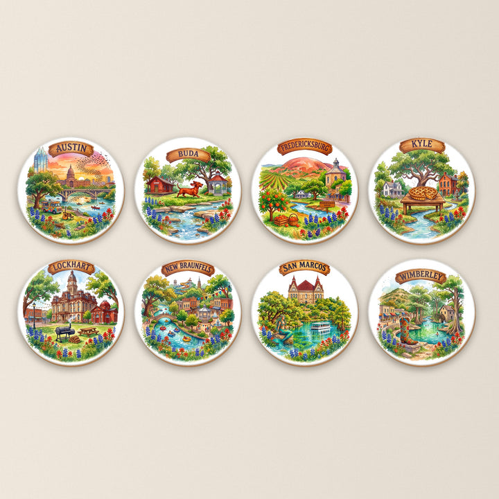 All 8 Central Texas Towns watercolor coaster designs to choose from – Designs by Mysh