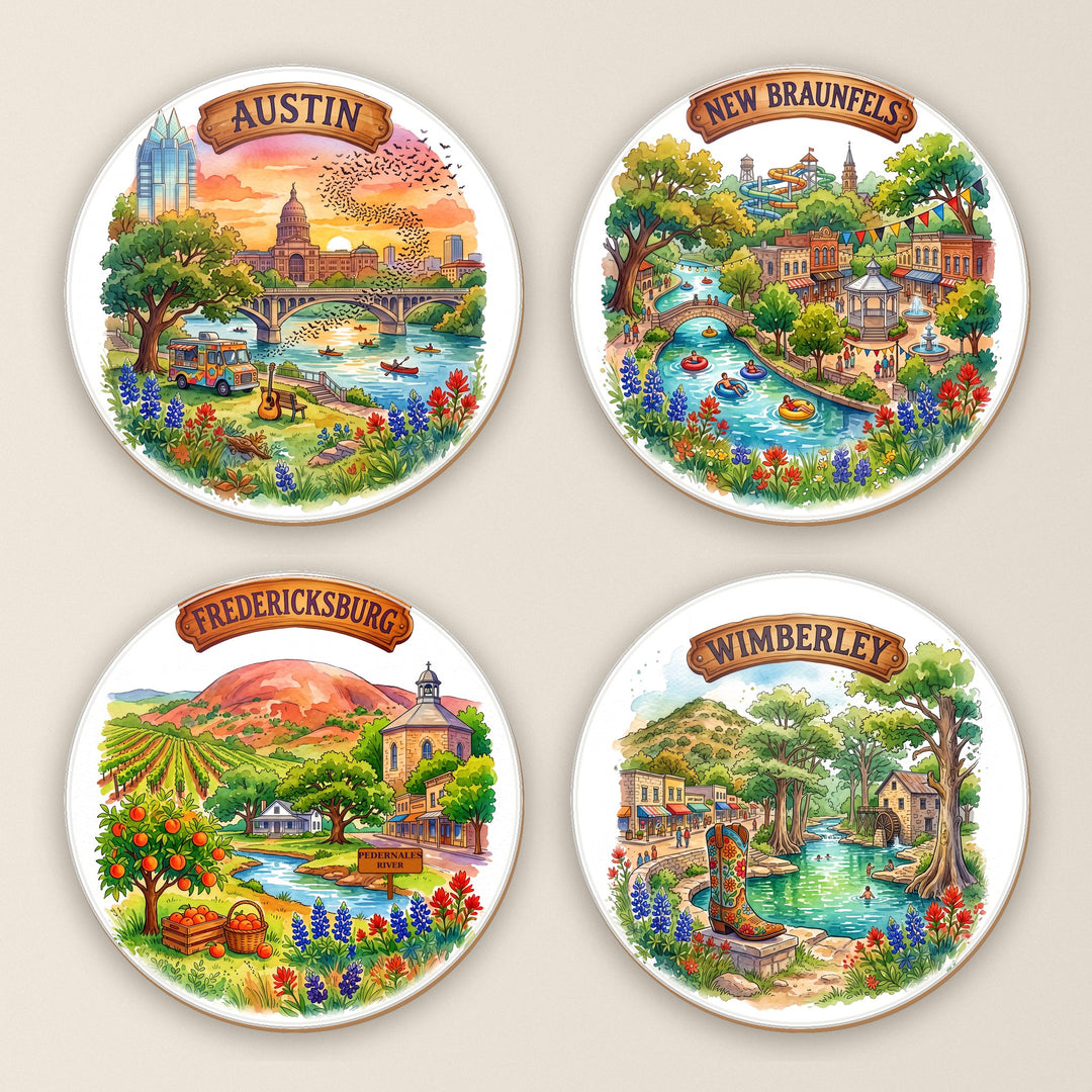 Set of 4 Central Texas Towns watercolor round ceramic coasters – Designs by Mysh