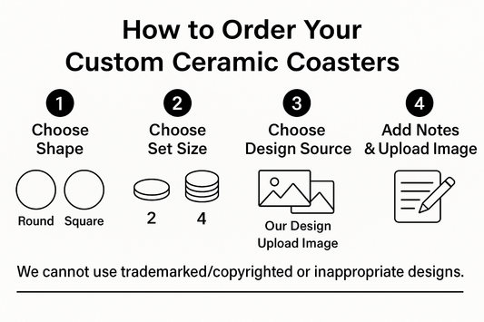 Custom Ceramic Coasters • Choose Round or Square • Personalized with Any Shop Design or Your Image • Set of 2 or Set of 4