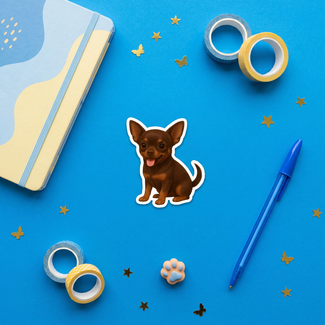 Chocolate Chihuahua watercolor vinyl sticker 3 inch flat lay with blue and yellow stationery – Designs by Mysh