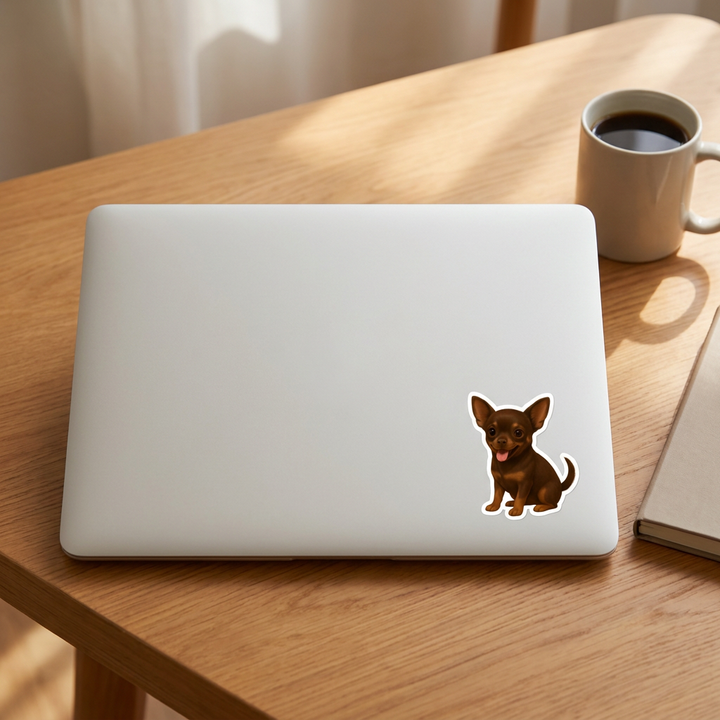 Chocolate Chihuahua watercolor vinyl sticker on a laptop lid – Designs by Mysh