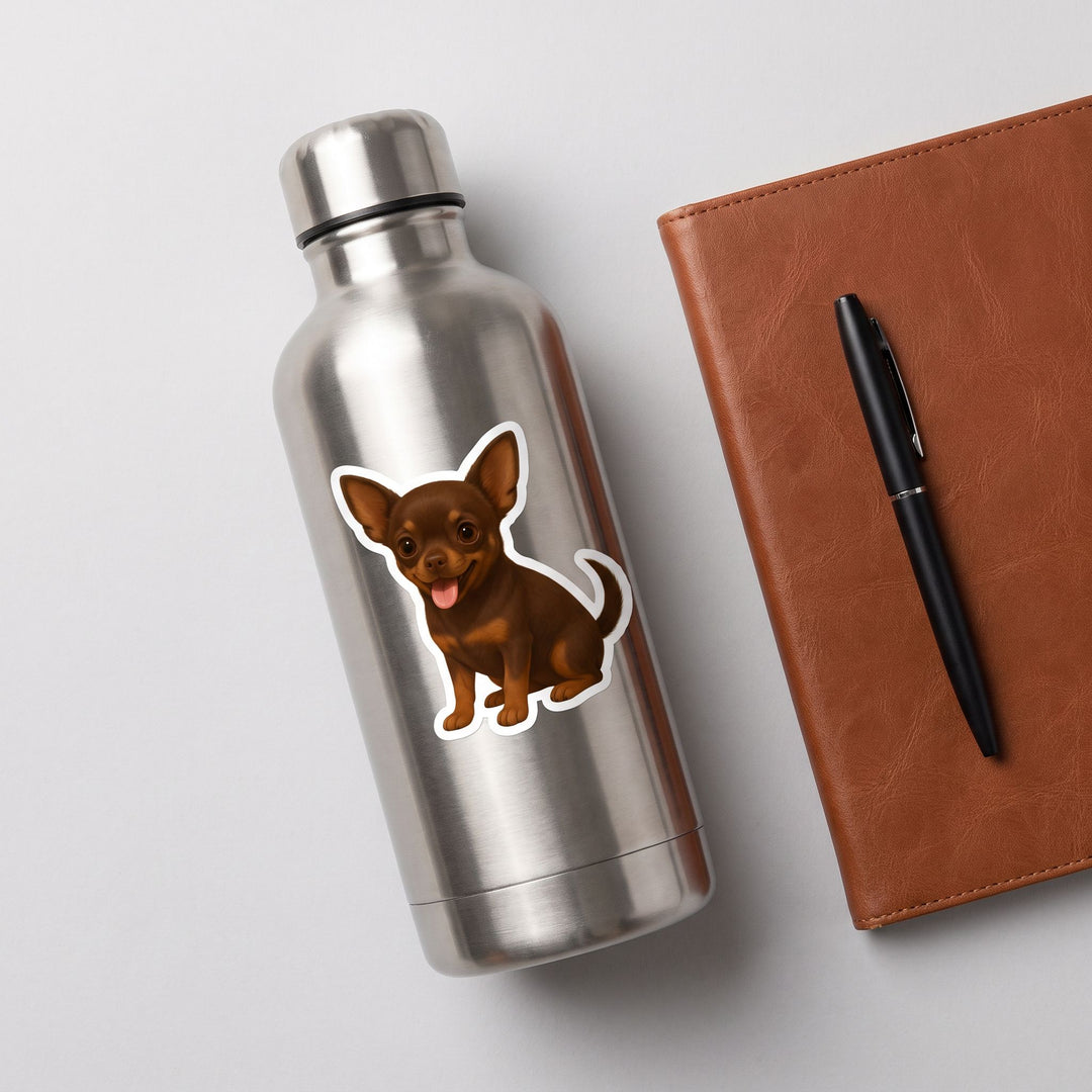 Chocolate Chihuahua watercolor vinyl sticker on a stainless water bottle – Designs by Mysh