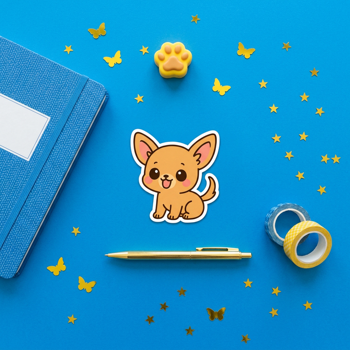 Chihuahua Fawn Kawaii Sticker brand flat lay - Designs by Mysh