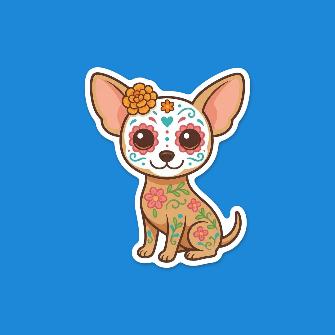 Kawaii fawn Chihuahua with a white sugar skull face and marigold Día de los Muertos vinyl sticker – Designs by Mysh
