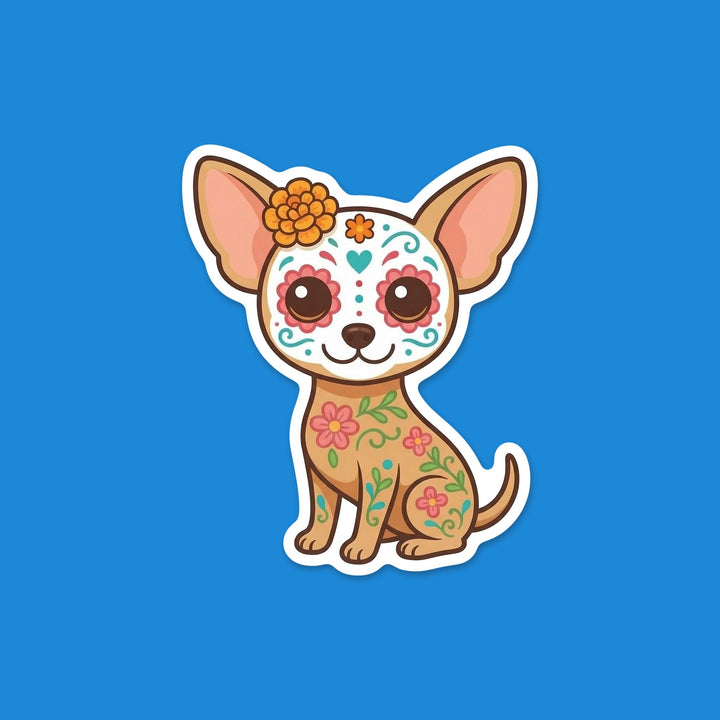 Kawaii fawn Chihuahua with a white sugar skull face and marigold Día de los Muertos vinyl sticker – Designs by Mysh