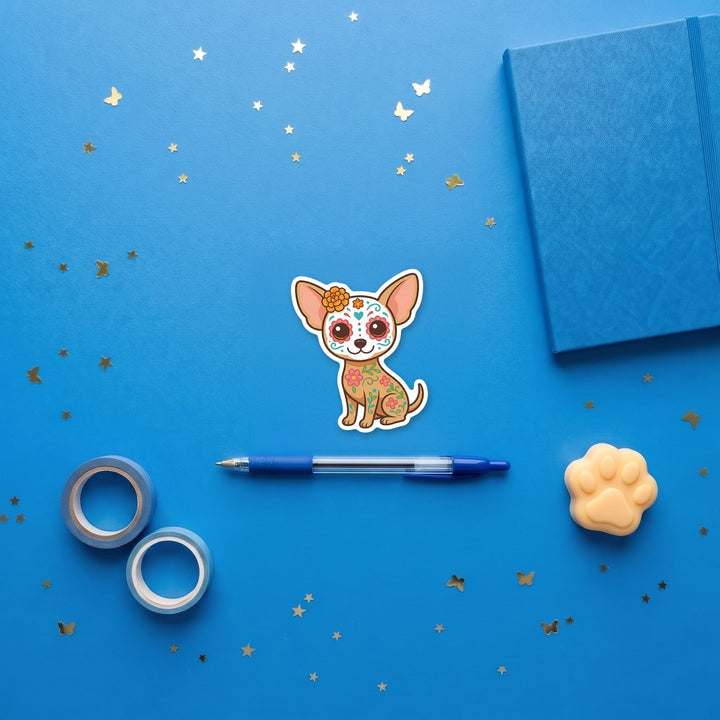 Chihuahua sugar skull 3 inch sticker flat lay with blue and yellow stationery – Designs by Mysh