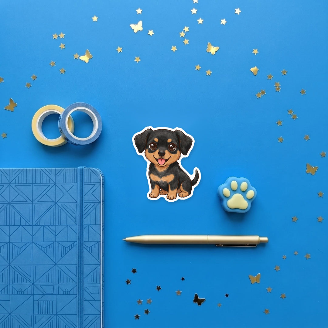 Chiweenie Black &amp; Tan kawaii magnet flat lay with stationery – Designs by Mysh